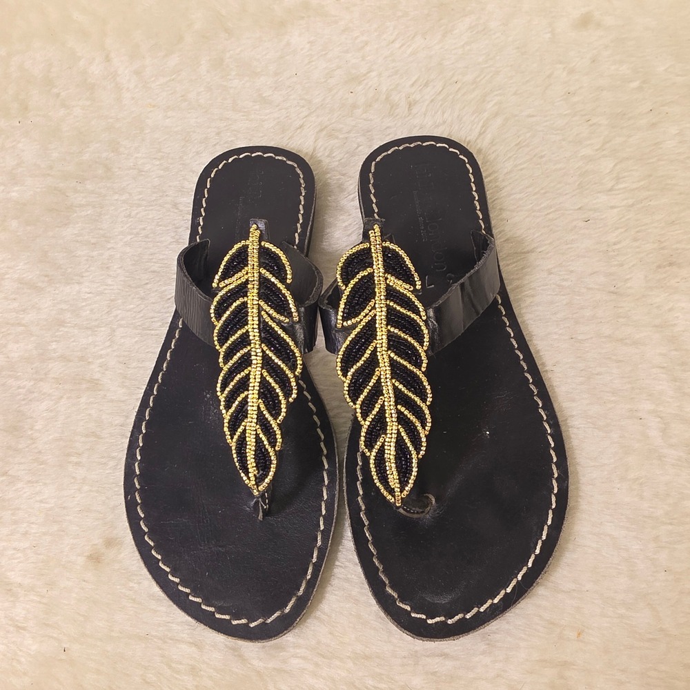 Laidback London Beaded Leaf Leather Thong Sandals Black Gold Womens 7